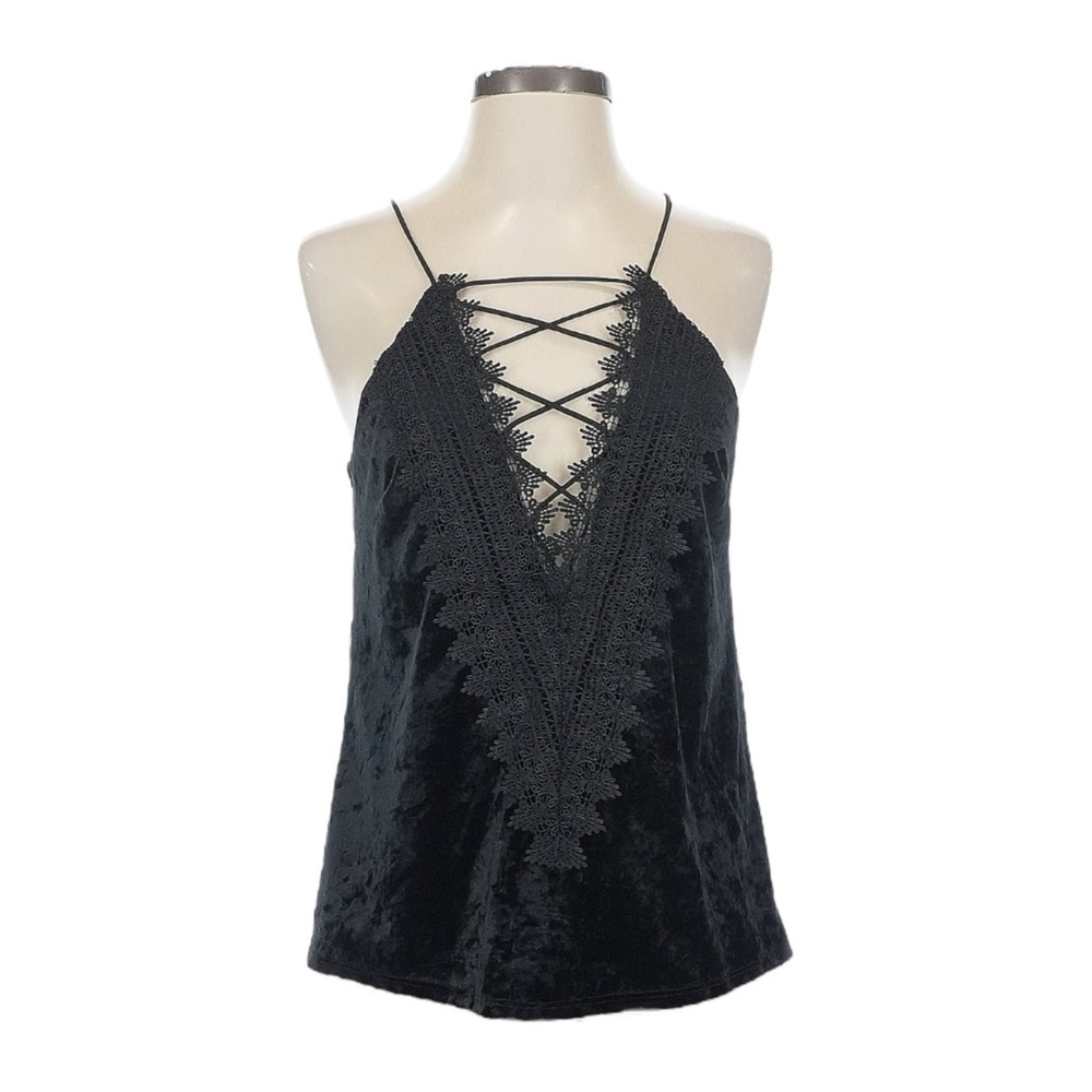 WAYF Black Crushed Velvet Lace-Up Cami Tank Top 2X Plus Sexy Party Holiday Boho
